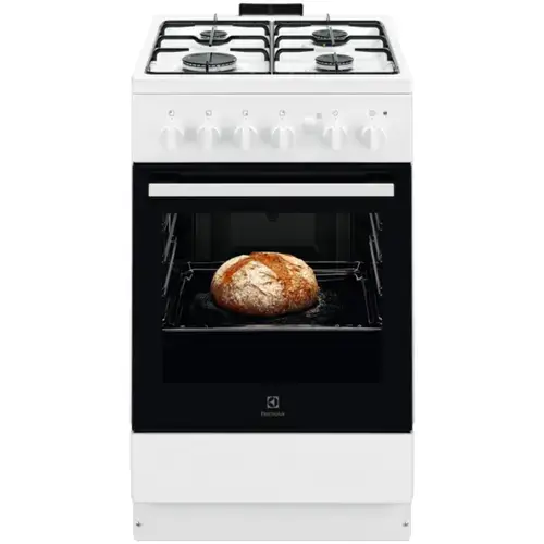 Aragaz Electrolux LKG504013W, Gaz, 4 arzatoare, Autocuratare Catalitica, Timer mecanic, Aprindere integrata plita si cuptor, Grill Electric, Rotisor, Iluminare cuptor, 50 cm (Alb)