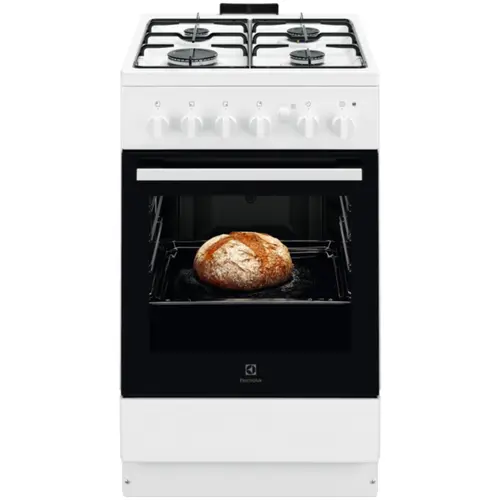 Aragaz Electrolux LKG504013W, Gaz, 4 arzatoare, Autocuratare Catalitica, Timer mecanic, Aprindere integrata plita si cuptor, Grill Electric, Rotisor, Iluminare cuptor, 50 cm (Alb)