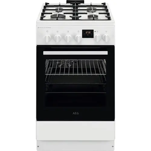 Aragaz AEG CKB56490BW, Mixt, 4 arzatoare , Siguranta plita, Aprindere integrata, Gratare fonta, Cuptor electric, SteamBake, AirFry, Timer, Grill electric, Clasa A, 50 cm (Alb)