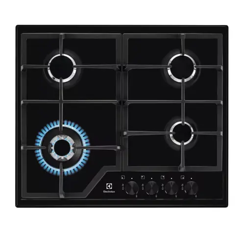 Plita incorporabila Electrolux KGS6436K, Gaz, 60 cm, 4 arzatoare gaz, Arzator Wok, Aprindere electrica integrata, Control cu butoane frontal, Dispozitiv siguranta, Gratare de fonta (Negru)
