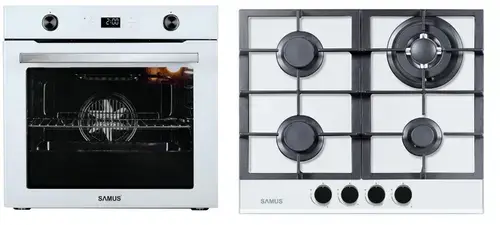 Pachet Samus ONL17 Cuptor incorporabil Samus SC626WGD9, 75 L, Electric, Grill, 9 Functii + Plita incorporabila Samus PSG-64SG3 White, Gaz, 4 arzatoare, Arzator WOK, Aprindere electrica (Alb)