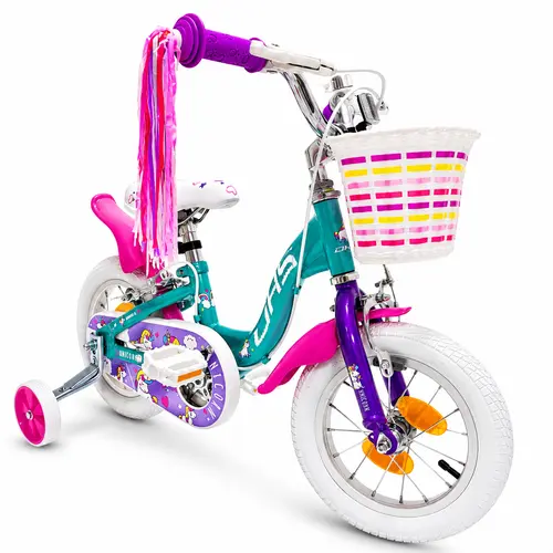 Bicicleta Copii DHS Unicorn, roti 12 Inch, cadru otel, Albastru/Roz
