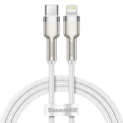Cablu de date Baseus Cafule Metal CATLJK-A02, USB Type-C - Lightning, 20W, 1m, impletitura nylon (Alb)