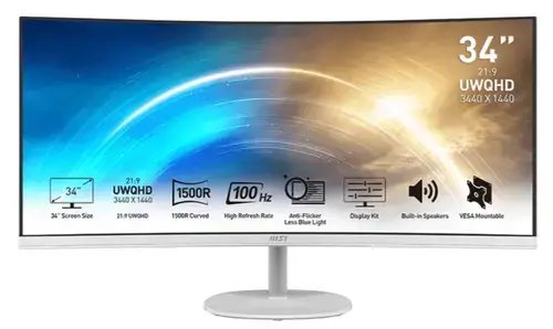 Monitor VA LED MSI PRO 34inch MP341CQW, UWQHD (3440 x 1440), HDMI, DisplayPort, AMD FreeSync, Ecran curbat, Boxe (Alb)