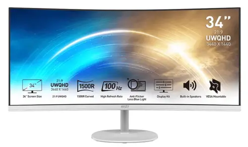 Monitor VA LED MSI PRO 34inch MP341CQW, UWQHD (3440 x 1440), HDMI, DisplayPort, AMD FreeSync, Ecran curbat, Boxe (Alb)
