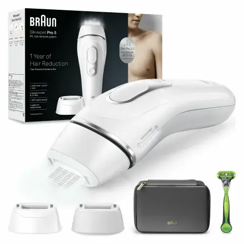 Epilator IPL Braun Silk-expert PRO 5 PL5145 Senzor automat & continuu Skin pro 2.0, 400.000 impulsuri, 10 niveluri de intensitate, 125 de impulsuri pe minut, cap lat, Trusa de voiaj, Aparat de ras Gillette (Alb)