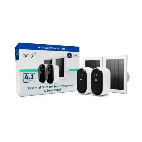 Camera de supraveghere Arlo VMK3250-100EUS Essential (Gen.2) 2 pack + 2 panouri solare, 4MP, 2K, 2560x1440, Color Night Vision, wireless, baterie reincarcabila, microfon si difuzor, reflector integrat, IP65 (Alb)