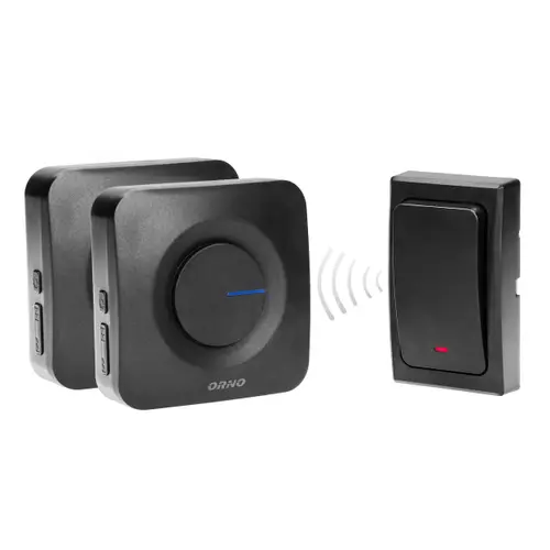Sonerie wireless ORNO OR-DB-MT-165, pentru usa sau poarta, exterior, alimentare la retea, transmitator rezistent la apa IP44, distanta de functionare 200 m, 36 melodii disponibile, kit montaj perete, 2 receptoare, Negru