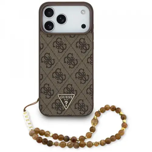 Husa MagSafe pentru Apple iPhone 17 Pro Max, Guess, 4G Triangle Logo Cord Strap, Maro