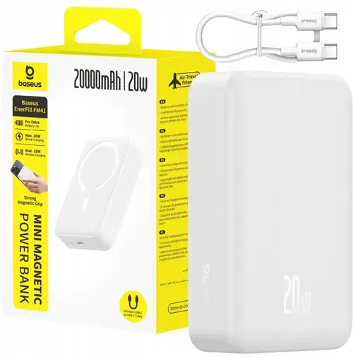Acumulator extern Baseus EnerFill FM41 Mini Magnetic, include cablu USB Type-C la USB Type-C 20V/3A 30cm, capacitate 20000mAh, 20W (Alb)