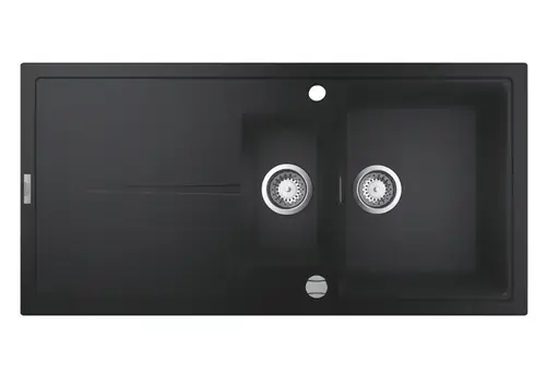 Chiuveta bucatarie compozit Grohe K400 31642AP0, 1000x500 mm, reversibil, 2 boluri, montare pe blat, evacuare automata, Kit montaj si evacuare inclus, Negru granit