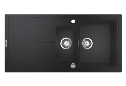 Chiuveta bucatarie compozit Grohe K400 31642AP0, 1000x500 mm, reversibil, 2 boluri, montare pe blat, evacuare automata, Kit montaj si evacuare inclus, Negru granit