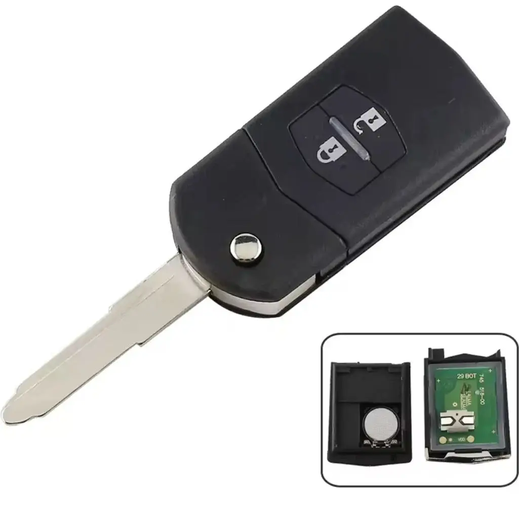 Cheie auto completa cu telecomanda Techstar compatibila cu Mazda 2, 3, 6, CX-7, CX-9, RX-8, 2 butoane, 433MHz, SKE126-01, Cip ID63 80bit Baterie inclusa