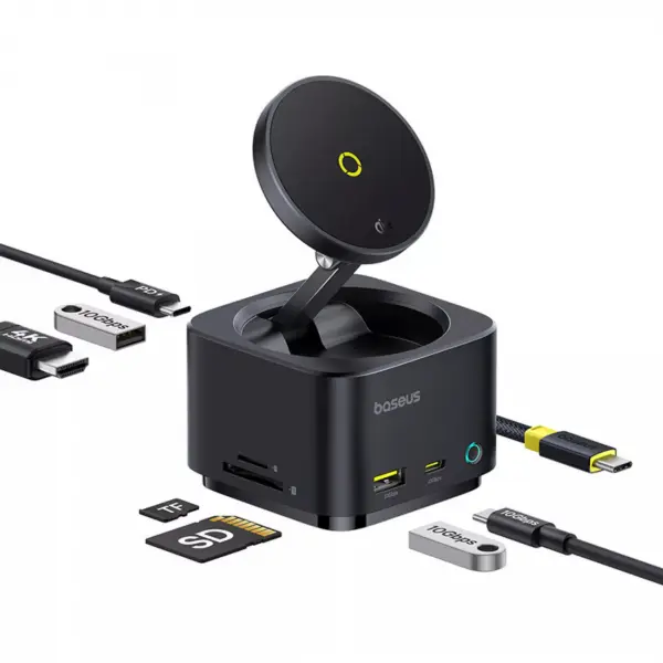 Hub Multifunctional Baseus MagPro II 7in1, 1 x USB-A - 2 x USB-C - 1 x HDMI - 1 x QI - 1 x SD - 1 x microSD, Negru B00072900121-00