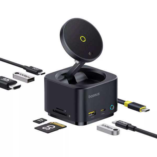 Hub Multifunctional Baseus MagPro II 7in1, 1 x USB-A - 2 x USB-C - 1 x HDMI - 1 x QI - 1 x SD - 1 x microSD, Negru B00072900121-00