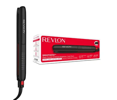 Placa de indreptat parul REVLON SmoothStay RVST2211PE, Infuzie cu ulei de cocos, 25 mm, 10 trepte de temperatura, Afisaj LCD, Geanta de depozitare (Negru)