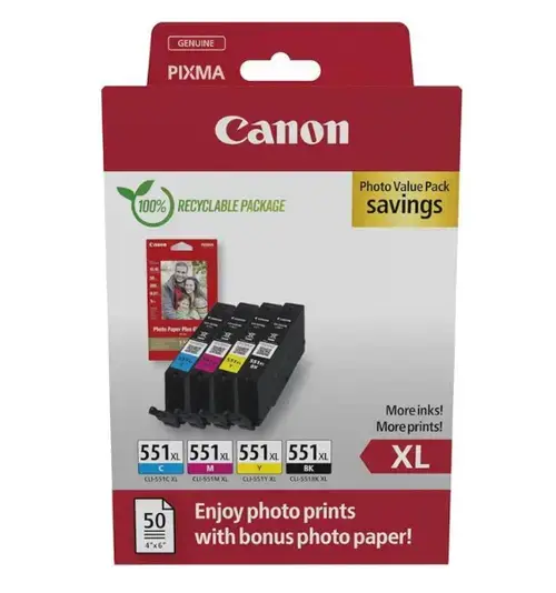 Pachet foto 4 cartuse Canon CLI-551XL BK+C+M+Y  + hartie foto 10x15, 50 coli