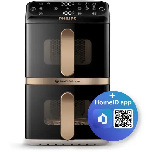 Friteuza cu aer cald verticala Philips Dual Stack Seria 4000, NA462/80, compact digital, 2 cosuri simetrice suprapuse cu ferestre si strat ceramic fara PFAS, capacitate totala 10L, 2750 W, 13-in-1 functii de gatire, 6 programe presetate (Alb/Bej)