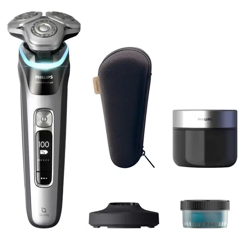 Aparat de ras electric Philips Seria i9000 Pestige XP9204/30, barbierit umed/uscat, tehnologie SkinIQ, fara fir, cap Precision Flexing 360, tehnologie Triple Action Lift&Cut, senzor Pressure Guard, lame Dual SteelPrecision, 60 minute (Argintiu)