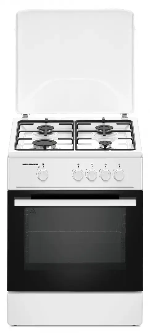Aragaz HEINNER HFSC-K6060WH, Gaz, 4 arzatoare, Aprindere electrica plita, Duze GPL incluse, Tava si gratar cromat, 60cm (Alb)