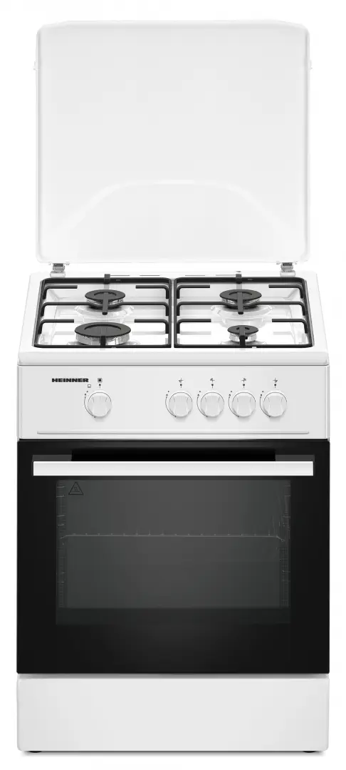 Aragaz HEINNER HFSC-K6060WH, Gaz, 4 arzatoare, Aprindere electrica plita, Duze GPL incluse, Tava si gratar cromat, 60cm (Alb)