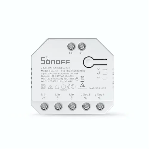 Releu Sonoff Dual R3 cu 2 canale, Programari, Wi-Fi 2.4 GHz, Contor energie (Alb)