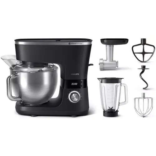 Robot de bucatarie Philips HR7962/21, seria 7000, 1000 W, 8 setari de viteza,Tehnologie ProKnead, Sistem de amestecare perfecta, carlige pentru aluat, paleta si tel, Castron de 5,5 l, Capac antistropire, Cronometru inteligent cu LED (Negru)
