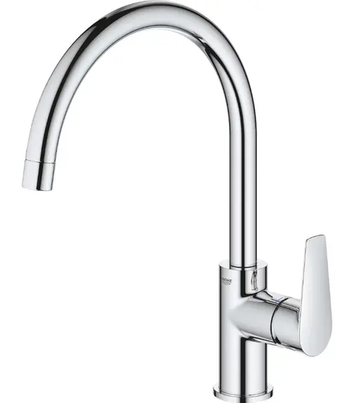 Baterie de bucatarie Grohe BauEdge 31367001, 3/8'', monocomanda, pipa inalta, tip C, cartus ceramic, pivotanta, limitator, Crom