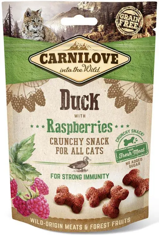 CARNILOVE Crunchy Recompense pentru pisici, cu Raţă şi Zmeură 50g