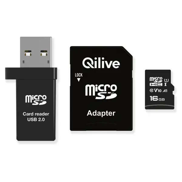 Card Memorie microSDHC Qilive, 16Gb, Clasa 10, Cu Cititor Card si Adaptor EKMSDM16GHC10QL