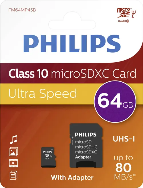 Card de memorie Micro SDXC Philips FM64MP45B/00, 64GB, cu adaptor SD, Clasa 10