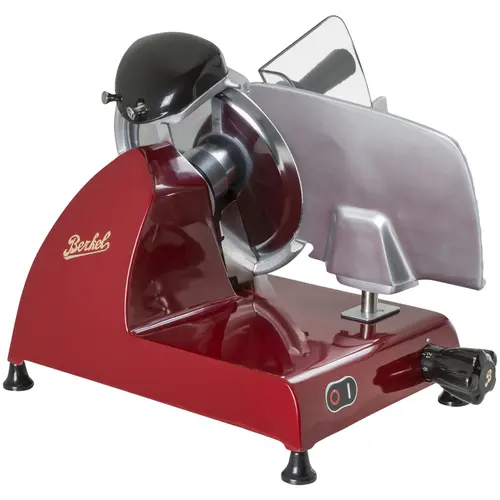 Feliator profesional electric Berkel, Red Line 250, grosime reglabila, sistem de siguranta, ascutitor integrat, curatare usoara, lama aluminiu 25 cm, design inovativ, calitate premium, rosu