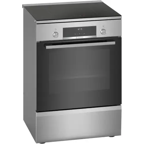 Aragaz Bosch HLS59D351, Electric, Plita inductie, 4 zone gatit, Control electronic, Cuptor electric, 66 L, Grill, Autocuratare EcolClean + hidrolitica, 3D Hotair, 2 suporti telescopici, sertar depozitare, Timer, 60 cm (Inox)