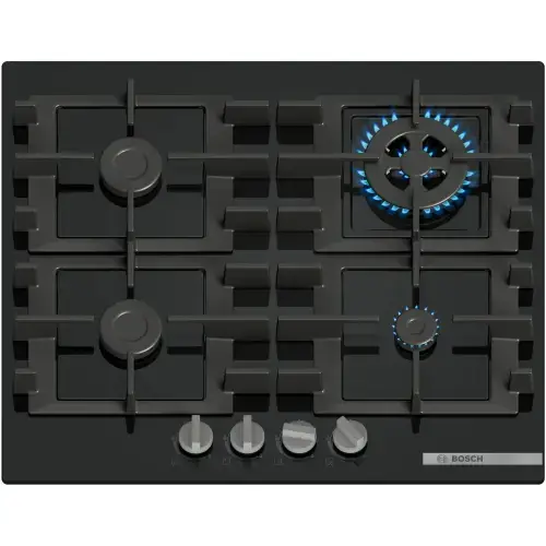 Plita incorporabila Bosch PNH6B6K40, Gaz, 4 arzatoare, Gratar fonta, Arazator Wok, 60 cm, Sticla (Negru)