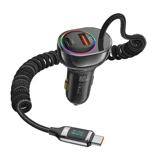 Incarcator Auto Usams Dual port USB si Type-C, Fast Charge Digital Display, PD, 60W, cu cablu Type-C, Negru