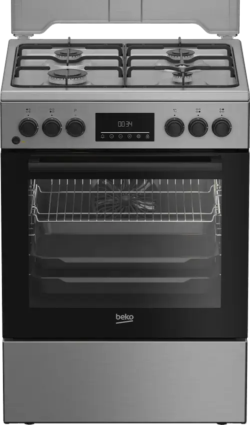 Aragaz Beko FBSM62320TXD, Gaz+Electric, 4 arzatoare, Aprindere electrica, Cuptor electric multifunctional cu 8 functii, Grill, Gatire 3D, Iluminare, Clasa A, Curatare SteamShine (Inox)