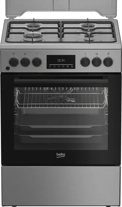 Aragaz Beko FBSM62320TXD, Gaz+Electric, 4 arzatoare, Aprindere electrica, Cuptor electric multifunctional cu 8 functii, Grill, Gatire 3D, Iluminare, Clasa A, Curatare SteamShine (Inox)