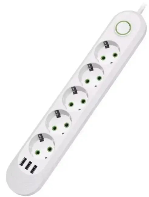Prelungitor Universal OEM F05 Cu 5 Prize, 3 Porturi Usb, Rezistent La Caldură, 2m (Alb)