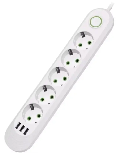Prelungitor Universal OEM F05 Cu 5 Prize, 3 Porturi Usb, Rezistent La Caldură, 2m (Alb)