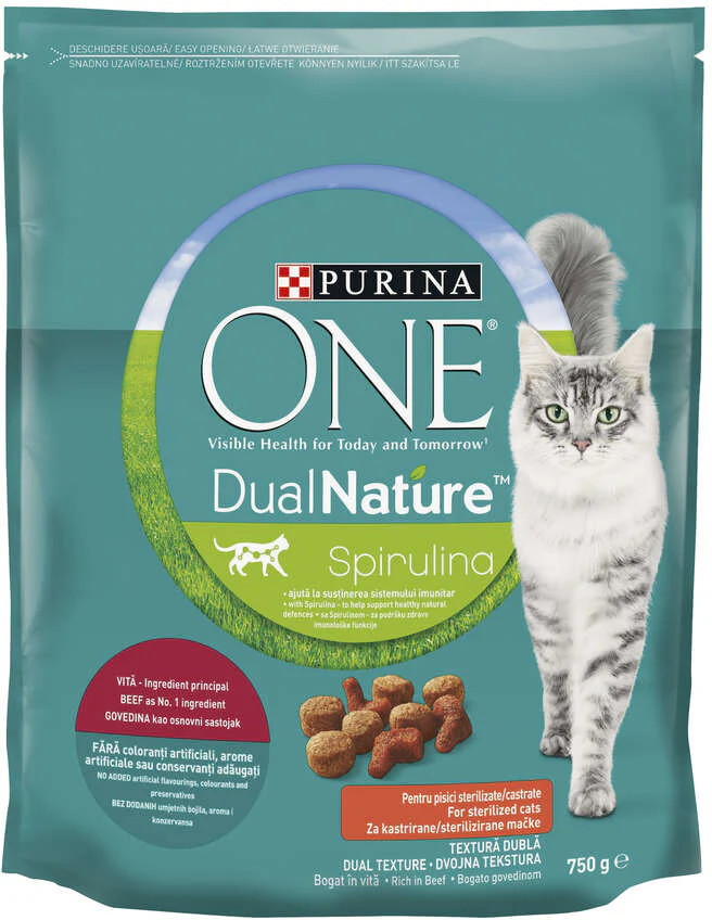 PURINA ONE DUAL NATURE Sterilized Hr uscată pt pisici sterilizate, cu Vită 750g