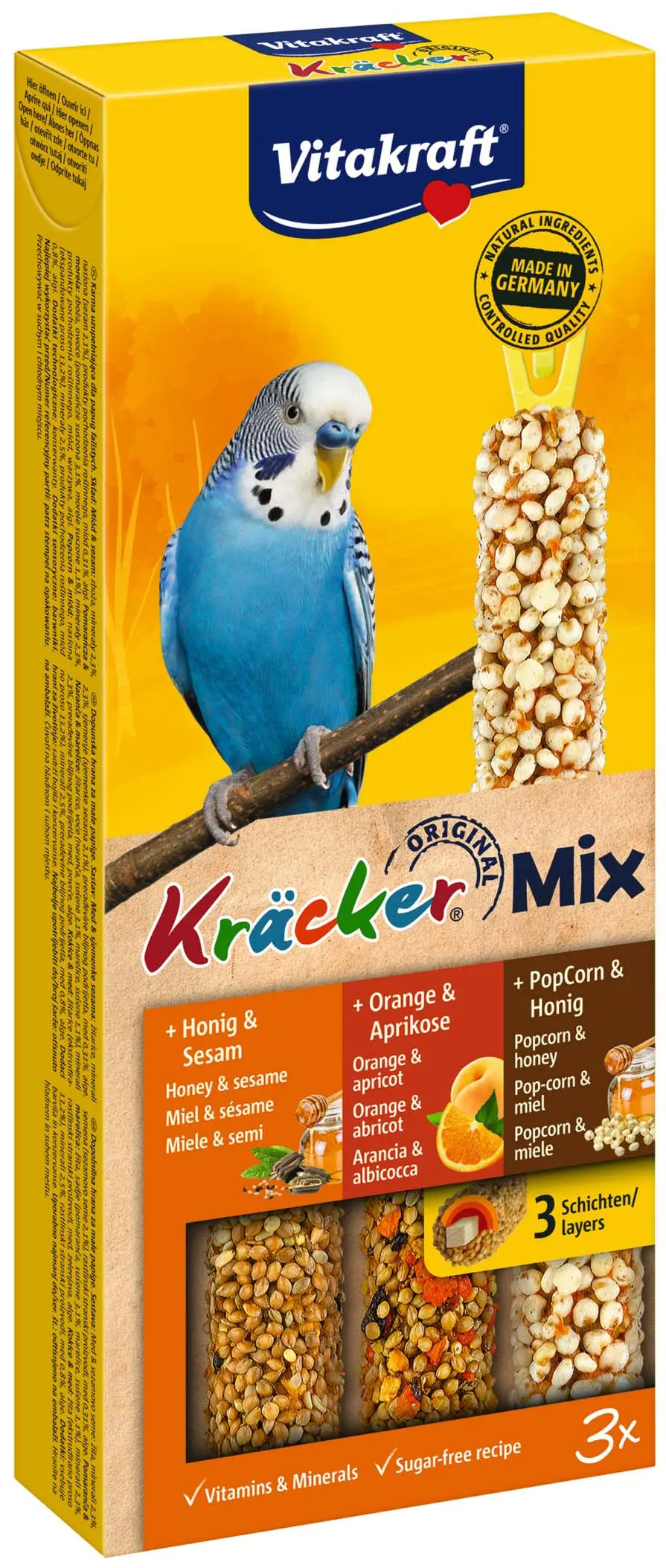 VITAKRAFT Baton pentru peruşi, cu Miere, Portocale, Popcorn 3 bucăţi, 80g