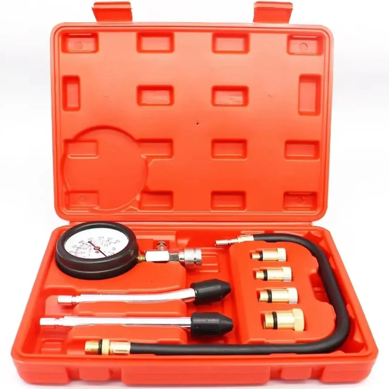 Tester compresie motor benzina Techstar, cu manometru 0-20 bar, furtun flexibil 45cm, 4 adaptoare filetate M10 M12 M14 M18 si 2 adaptoare conice universale