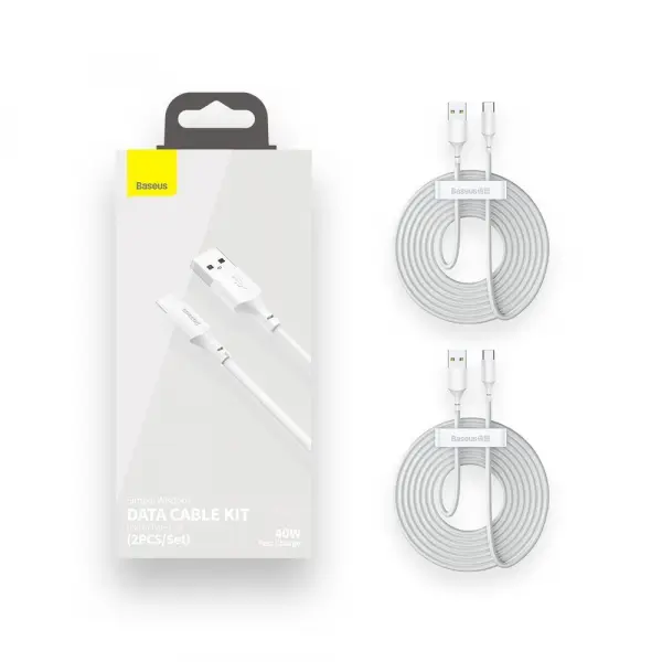 Cablu Date si Incarcare USB-A - USB-C Baseus, 40W, 1.5m, Set 2 bucati, Alb TZCATZJ-02