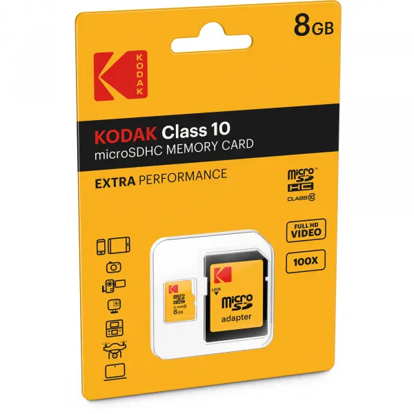 Card Memorie microSDHC Kodak Extra Performance, 8Gb, Clasa 10, Cu Adaptor EKMSDM8GHC10CK