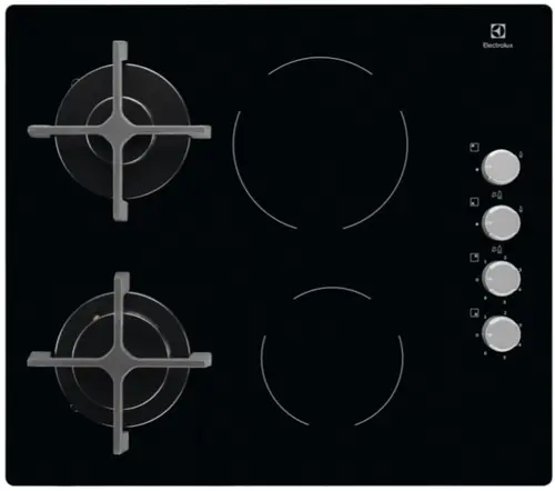 Plita incorporabila mixta Electrolux EGE6172NOK, 2 Zone Gaz, 2 Zone Vitroceramice, Aprindere electrica (Negru)