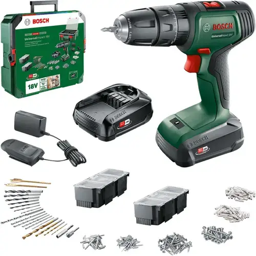 Masina de gaurit si insurubat (bormasina) cu percutie pe acumulator Bosch Universal Impact 18, 18 V, 2 trepte de putere, 1450 RPM, 2 acumulatori, incarcator, 241 de accesorii, valiza profesionala