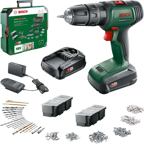 Masina de gaurit si insurubat (bormasina) cu percutie pe acumulator Bosch Universal Impact 18, 18 V, 2 trepte de putere, 1450 RPM, 2 acumulatori, incarcator, 241 de accesorii, valiza profesionala