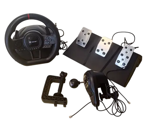 Set volan cu pedale si schimbator Tracer SimRacer TRAJOY47345 GameZone, 6in1, PlayStation 4, PC, Xbox One, Series X/S, Nintendo Switch (Negru)