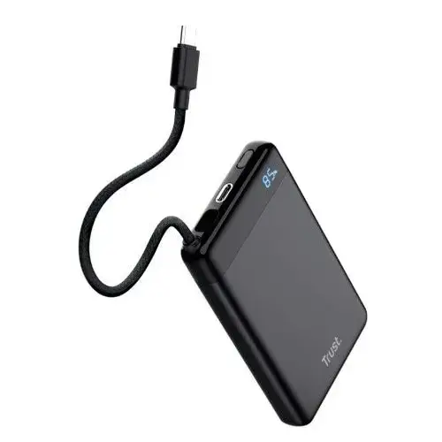 Power bank 10.000 mAh, Trust 25881, cablu USB-C 20W, dual port, ultracompact, Negru