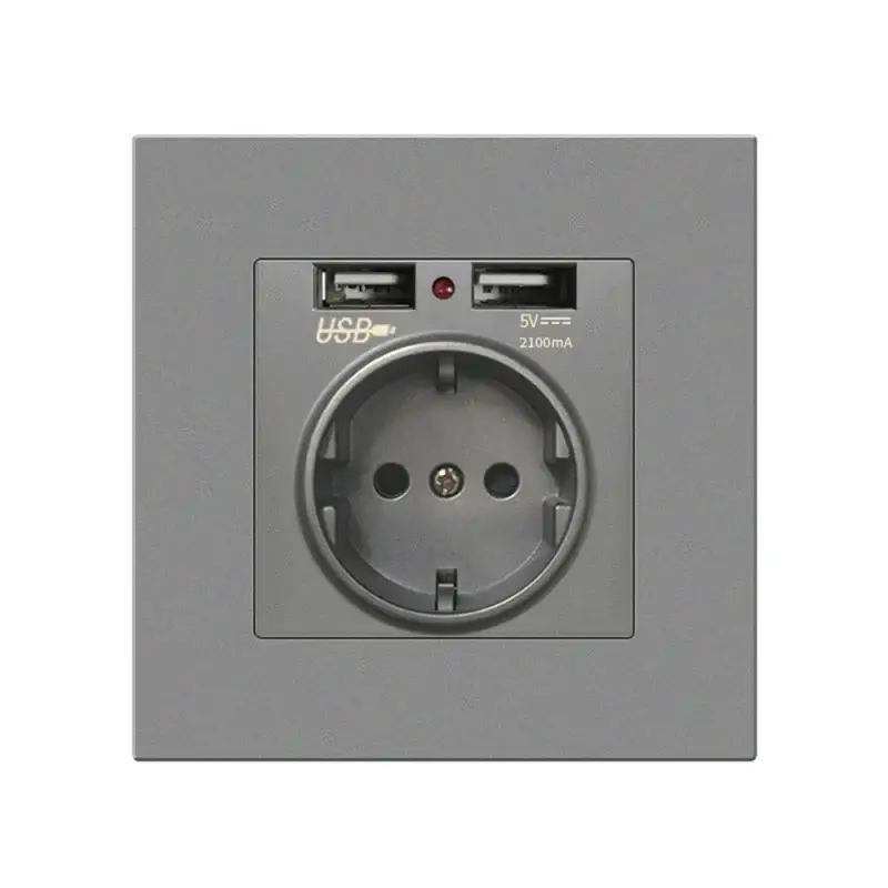 Priza de Perete cu 2 Porturi USB Techstar® TS-PC, 110-250V, 16A, Ignifuga, 86x86mm, Gri